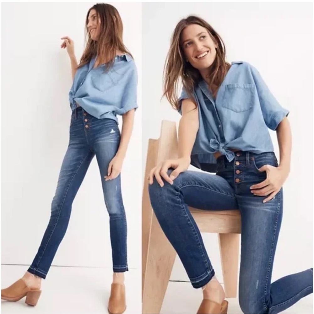 MADEWELL 10" High-Rise Skinny Jeans Raw Hem Button Fly 27 H6319 Distressed Rips